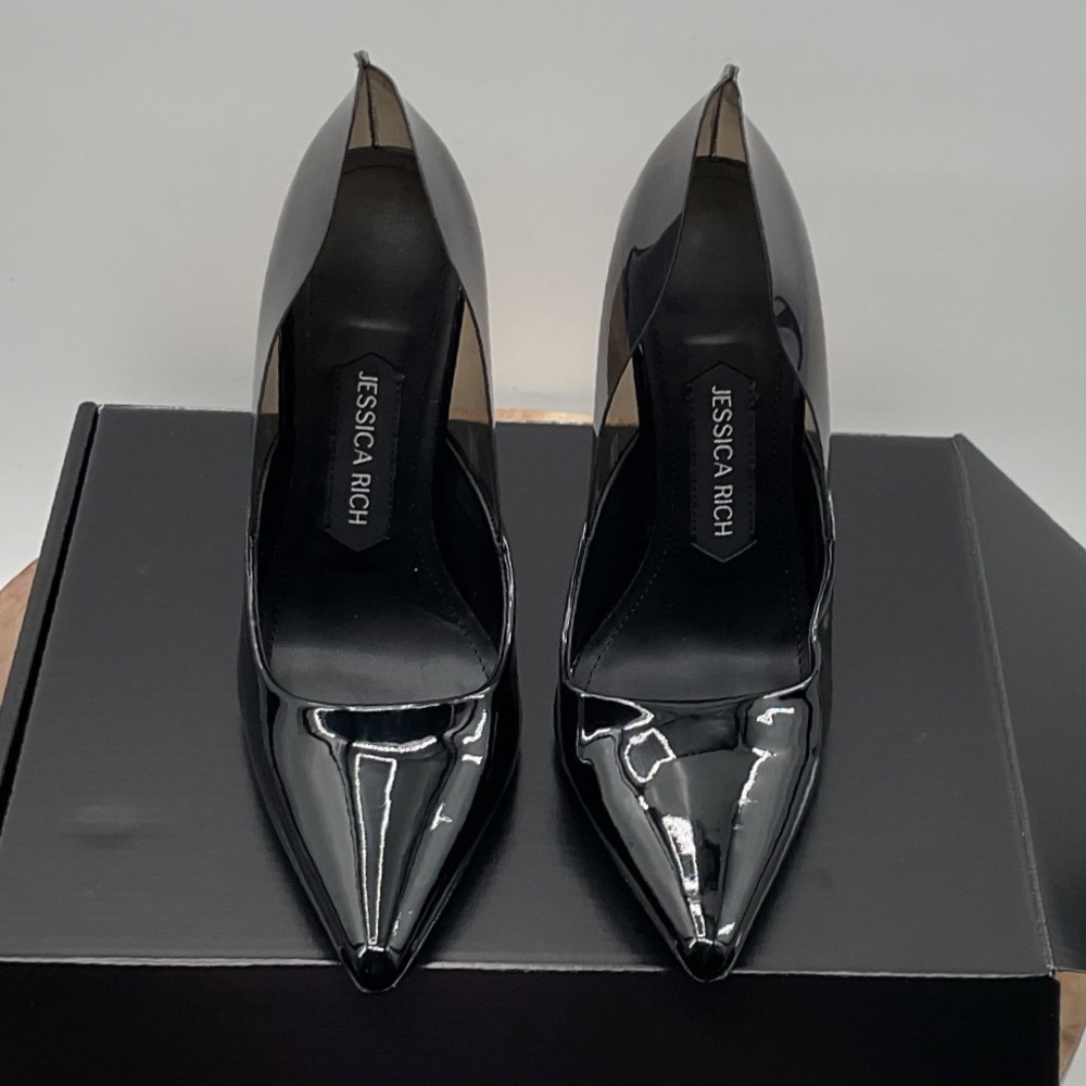 Jessica Rich Racy Black Patent Leather Smoke PVC Pointed Toe Stiletto Pumps 37